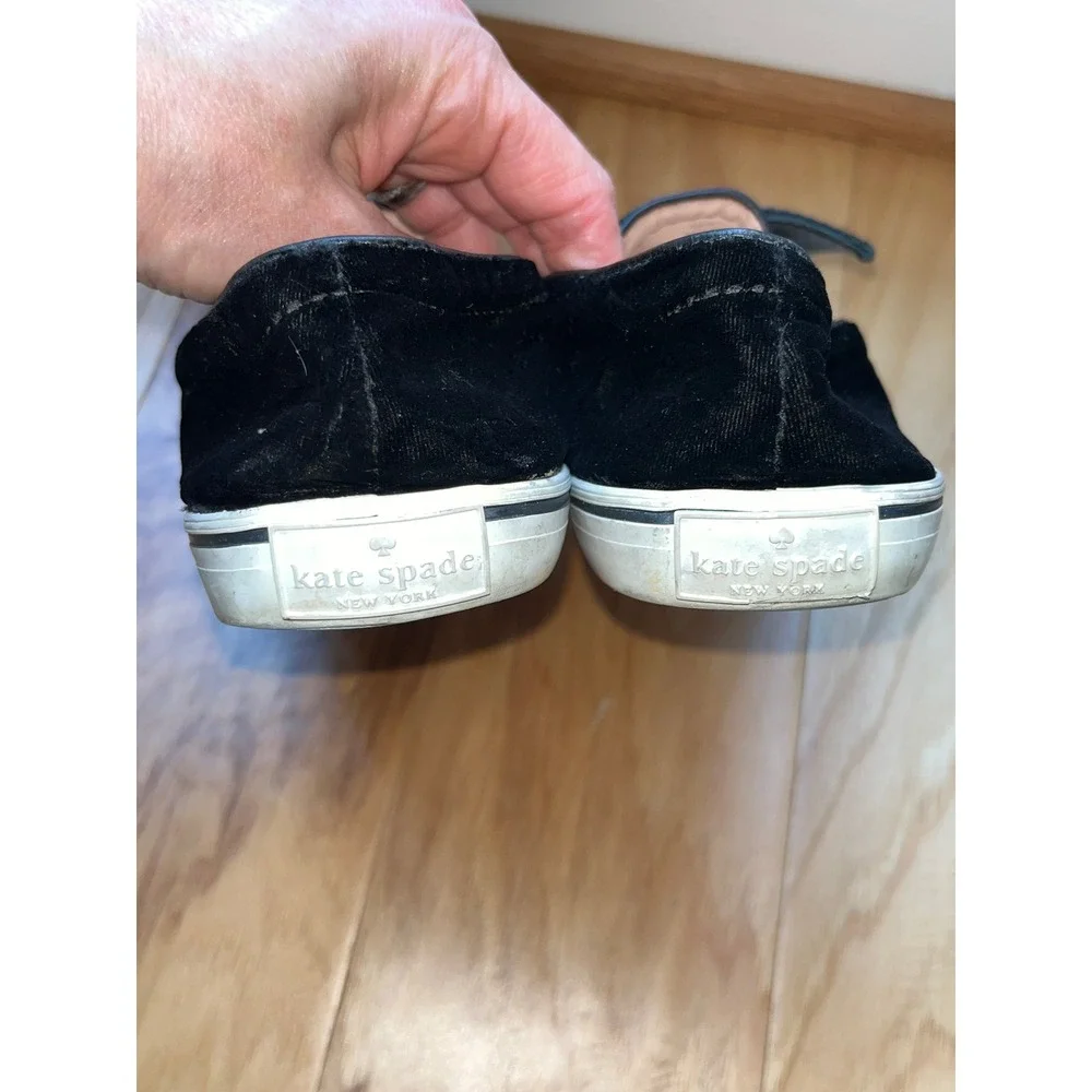 Kate Spade Velvet Bow Sneakers Womens 8 Black Slip On Flat Luxury Designer Luxe